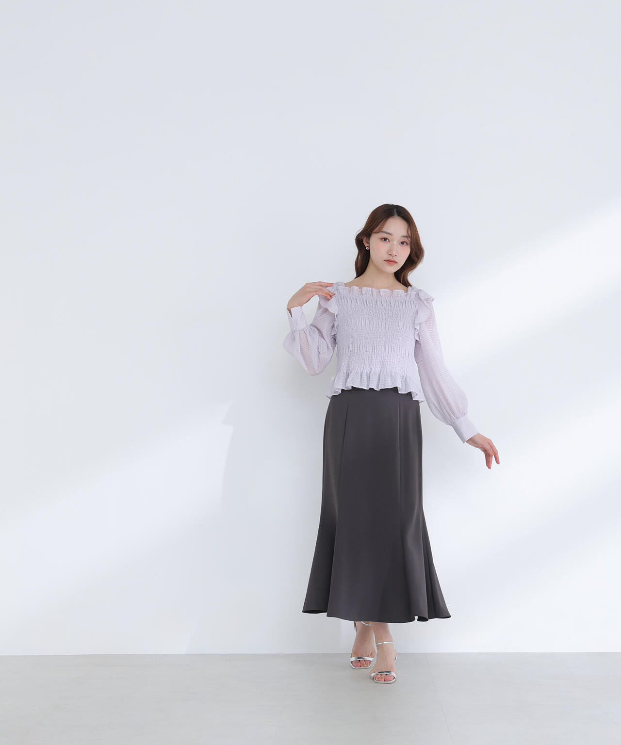シアーチェックシャーリングブラウス