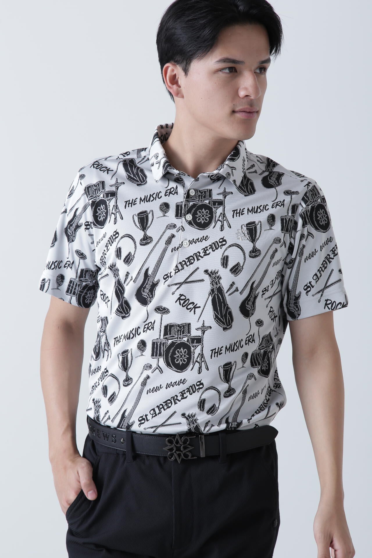 ミュージック柄ジャガード半袖ポロシャツ (MENS)