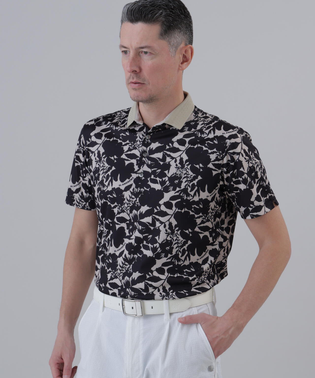 【吸水速乾】COOLMAXシャドーボタニカルプリント半袖ポロシャツ (MENS)