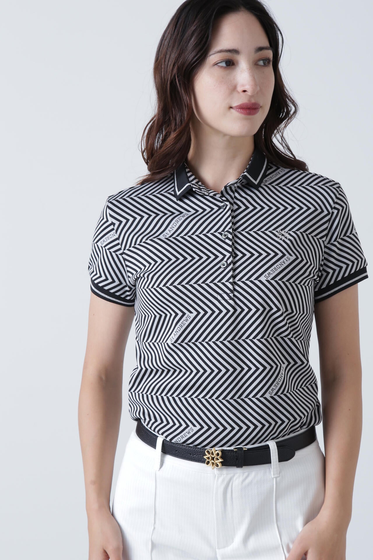 ジグザグ柄ジャガード半袖ポロシャツ (WOMENS)