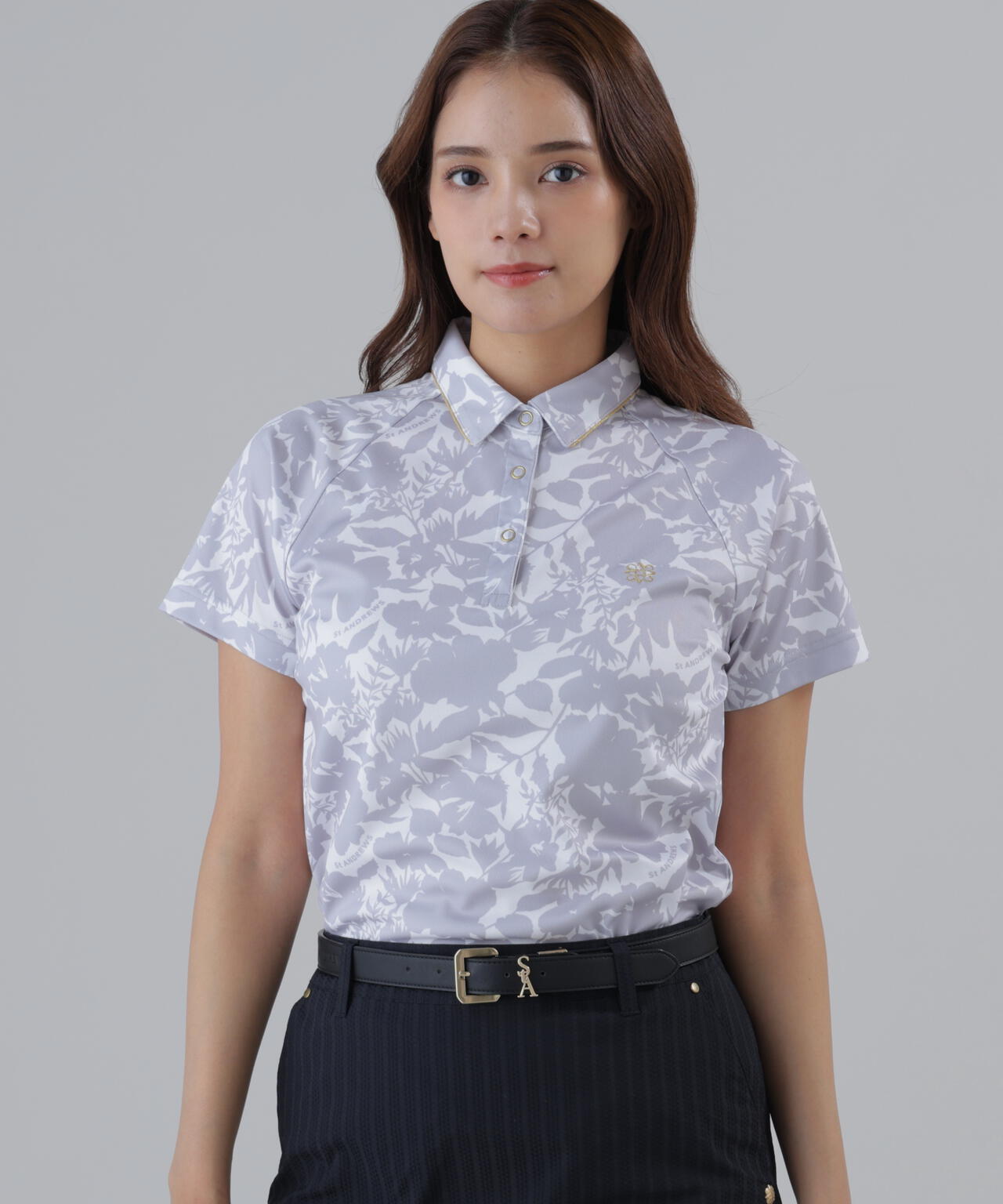 【吸水速乾】COOLMAXシャドーボタニカルプリント半袖ポロシャツ (WOMENS)