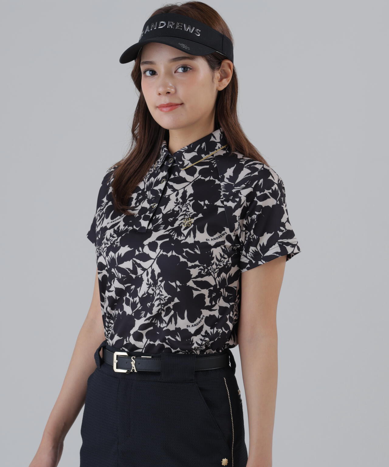 【吸水速乾】COOLMAXシャドーボタニカルプリント半袖ポロシャツ (WOMENS)