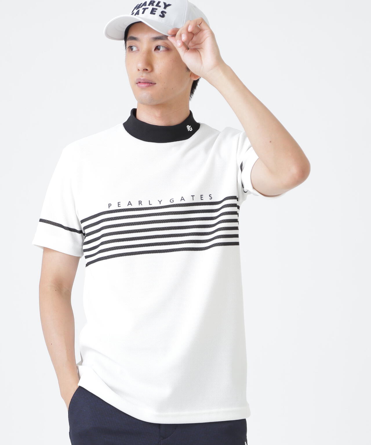 Peメッシュパネルボーダー半袖ハイネックカットソー (MENS)