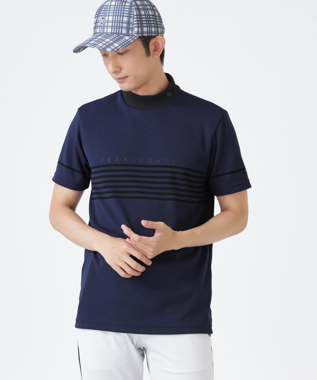 Peメッシュパネルボーダー半袖ハイネックカットソー (MENS)