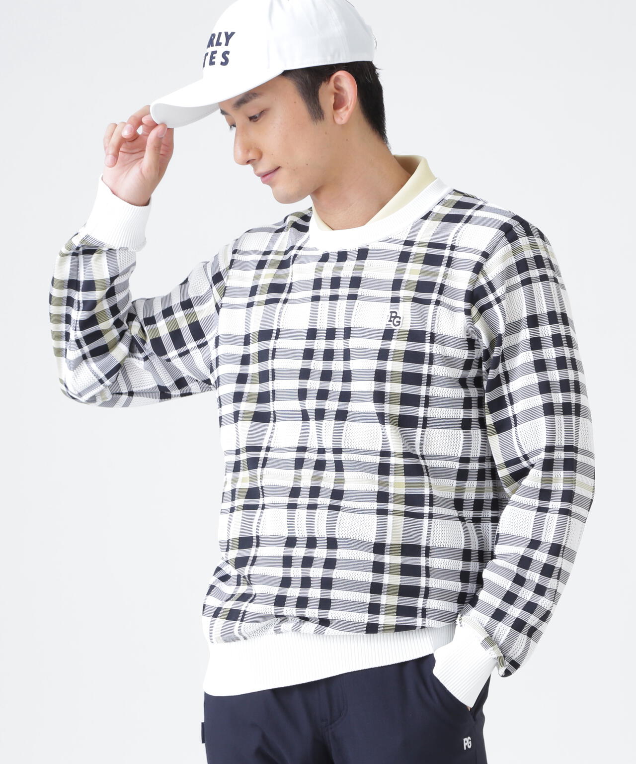 14Gメッシュクルーネックニットプルオーバー <チェック柄> (MENS)