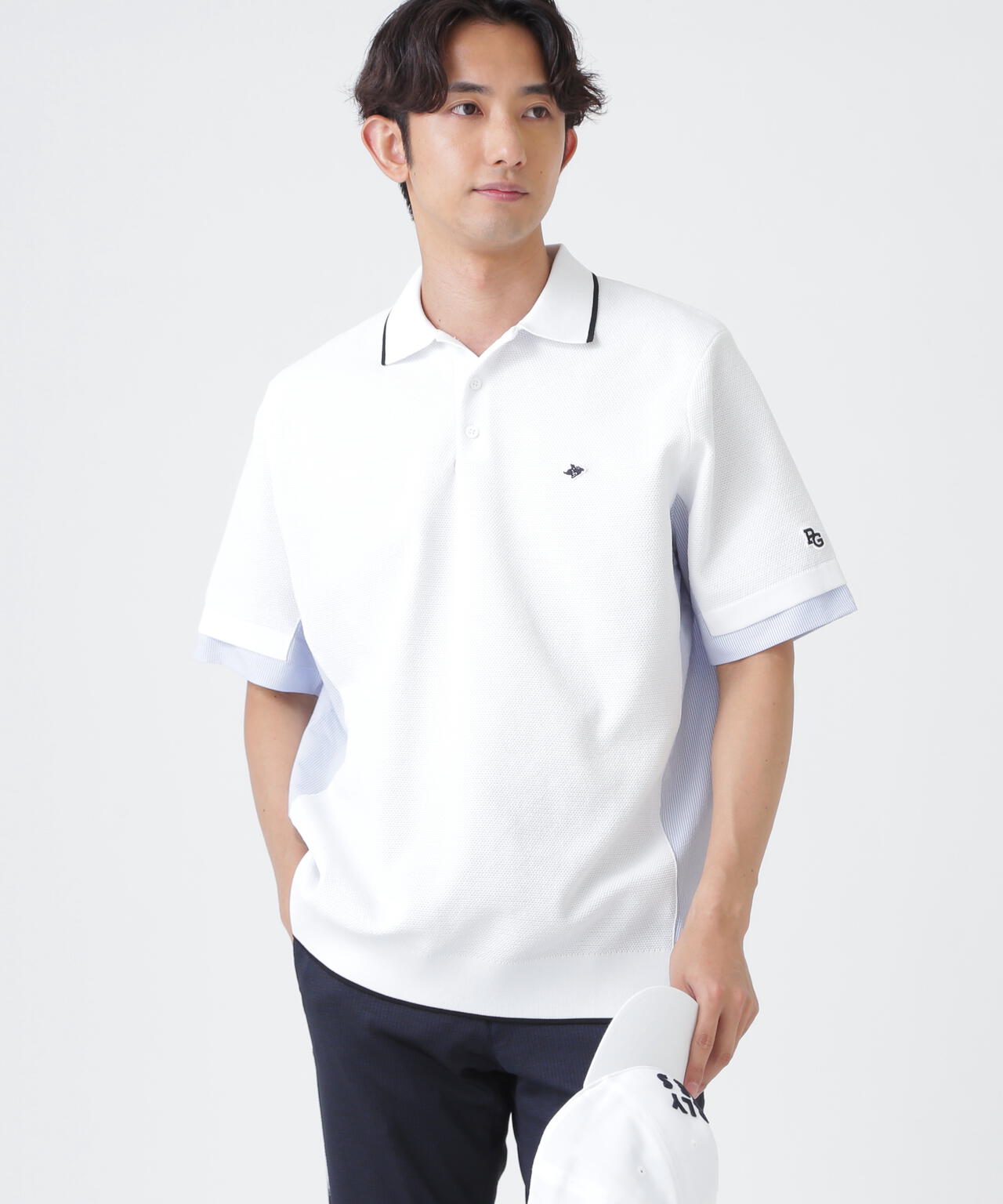 サッカー生地ドッキング半袖ニットポロシャツ (MENS)