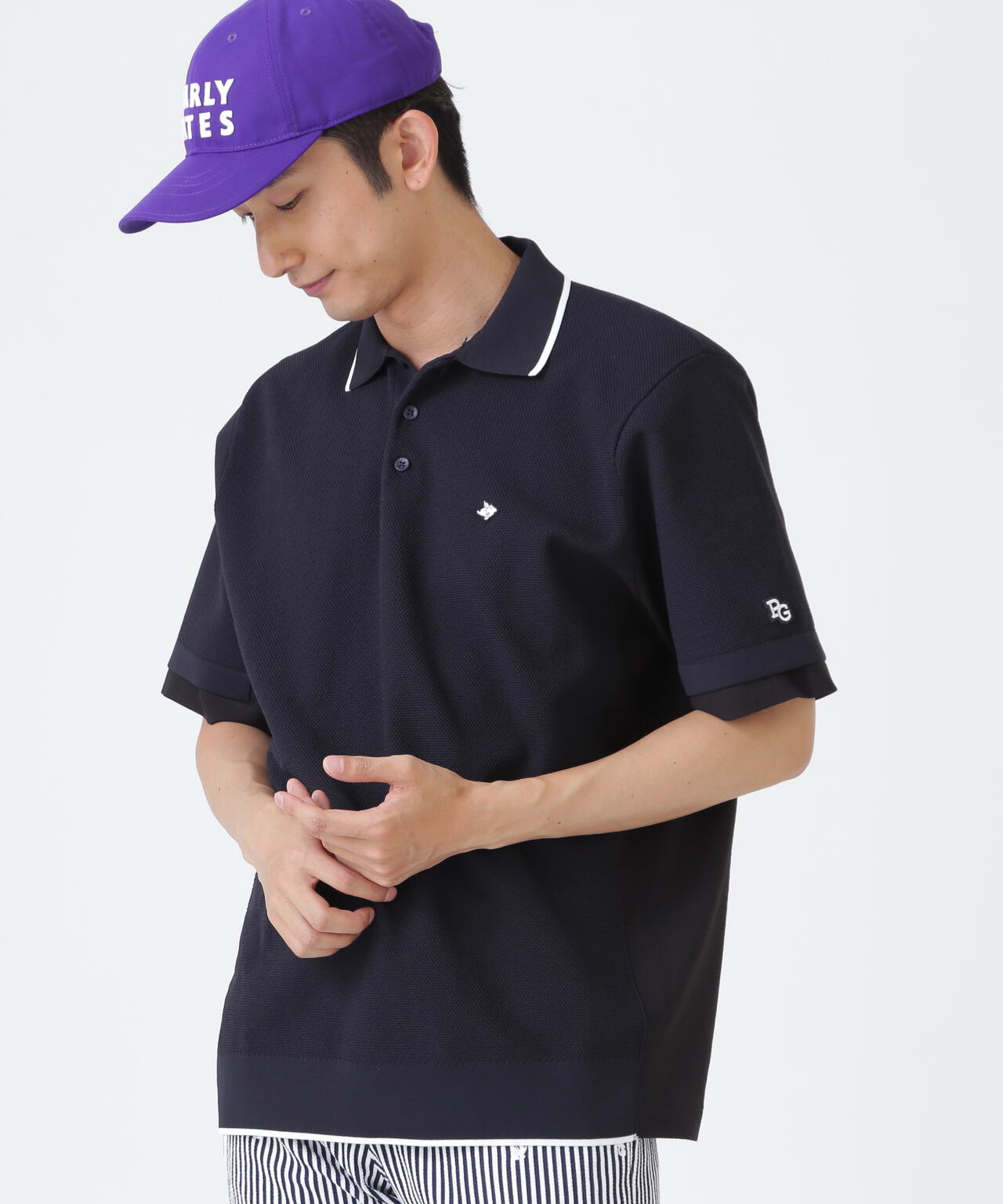 サッカー生地ドッキング半袖ニットポロシャツ (MENS)