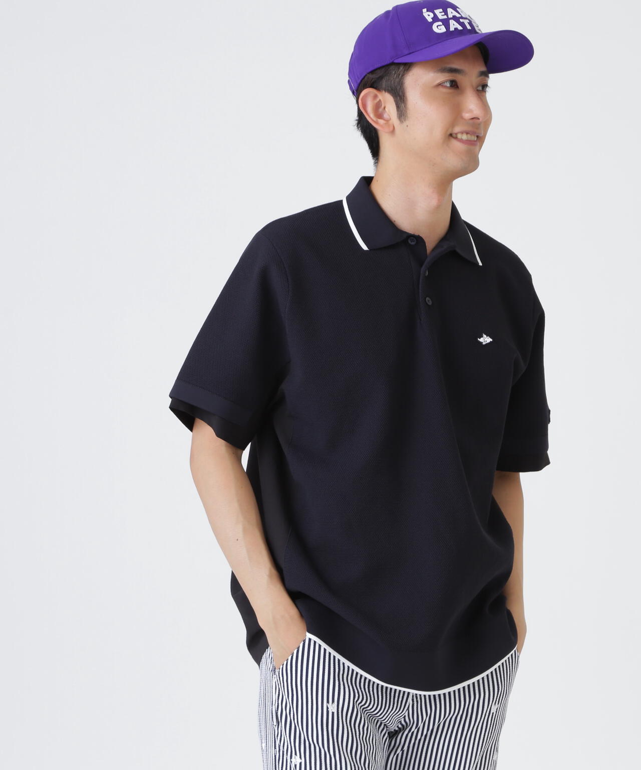 サッカー生地ドッキング半袖ニットポロシャツ (MENS)