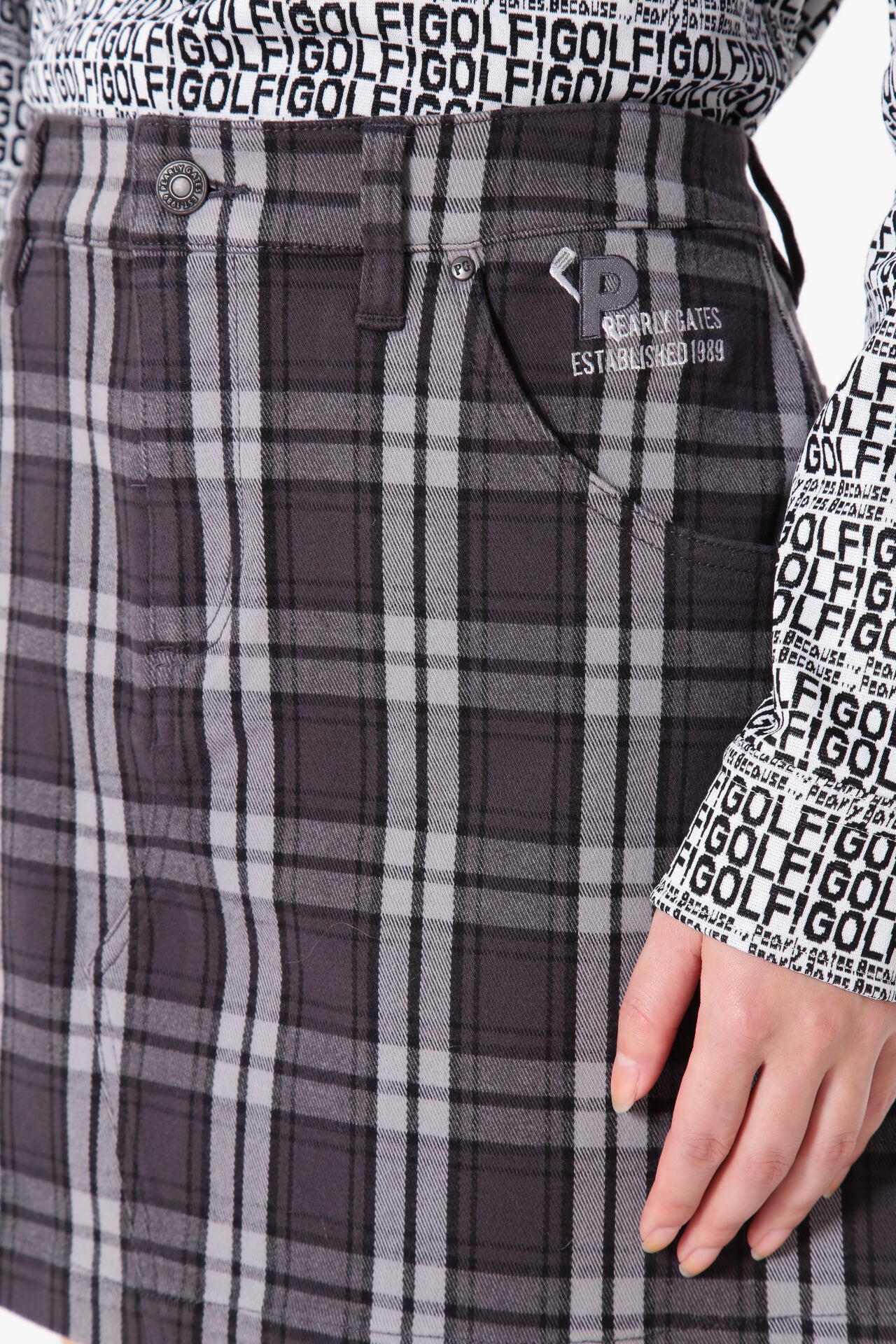 先染めチェック コットンストレッチツイル 表ピーチ裏起毛 5ポケットスカート
