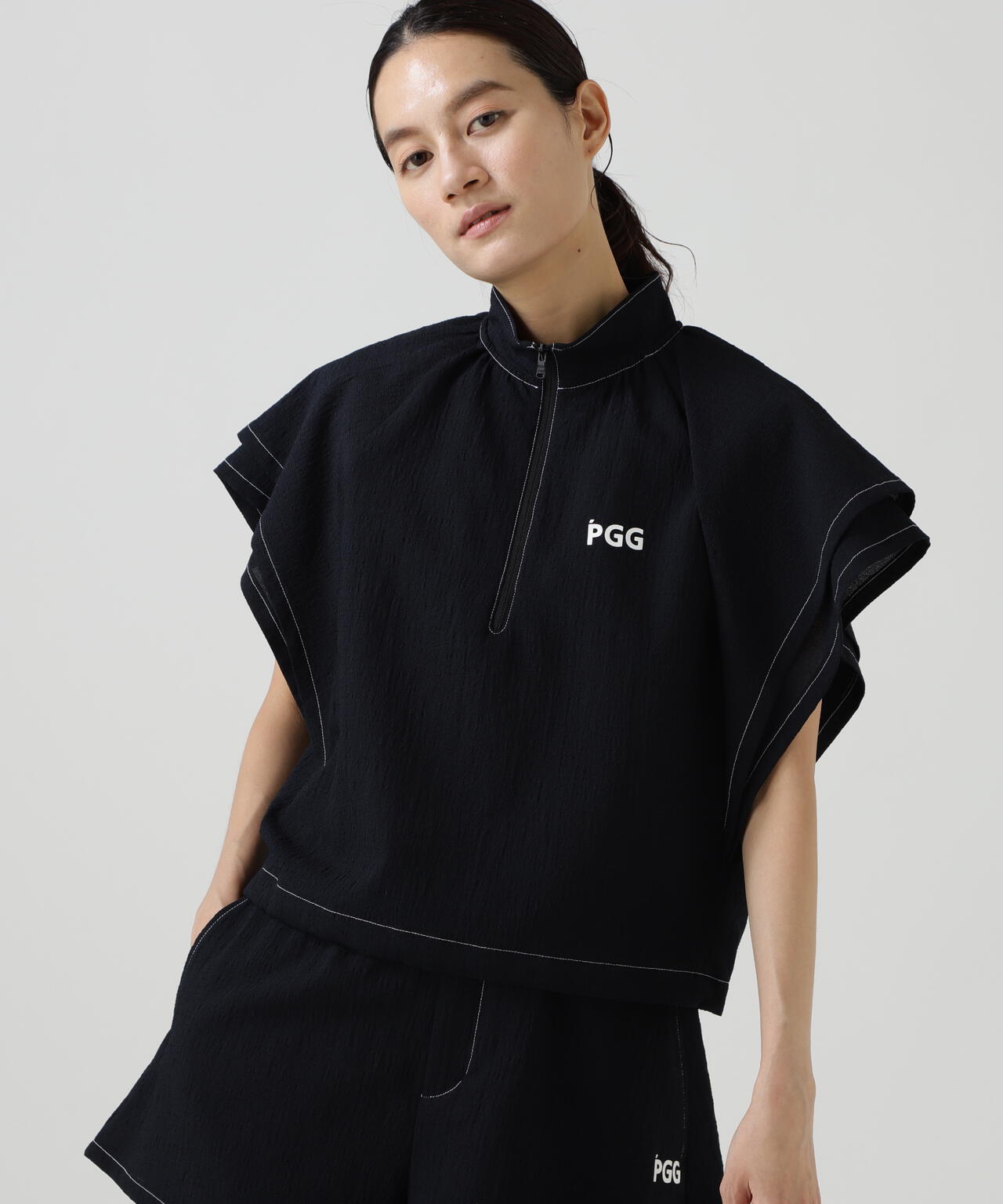 【PGG】【直営店舗&公式オンライン限定】シエスタタフタフリル袖ハーフジップカットソー (LADIES)
