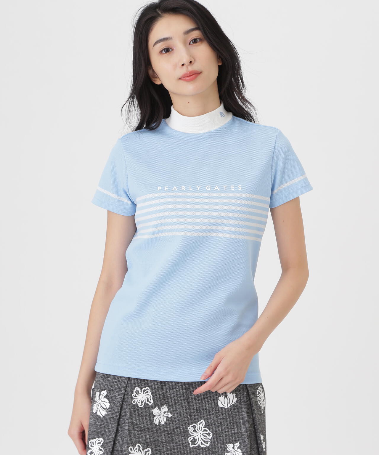 Peメッシュパネルボーダー半袖ハイネックカットソー (WOMENS)