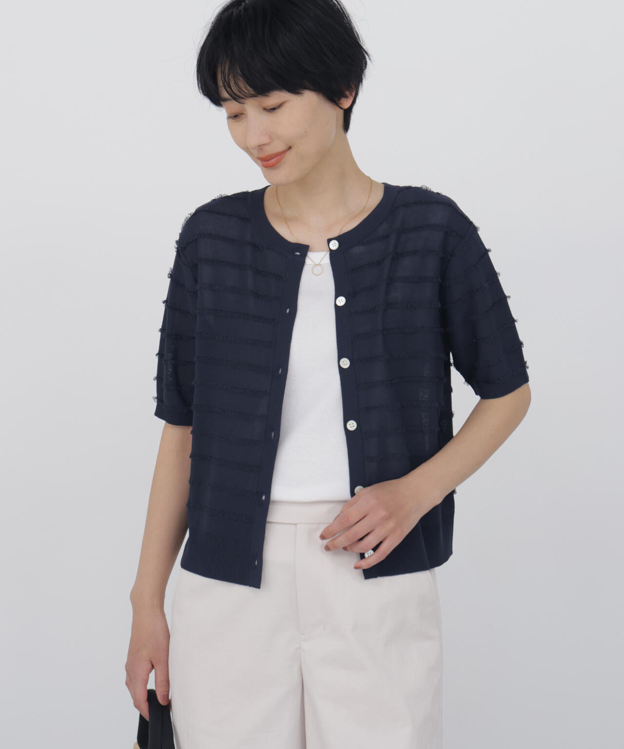 《洗える》パイルボーダー半袖カーディガン
