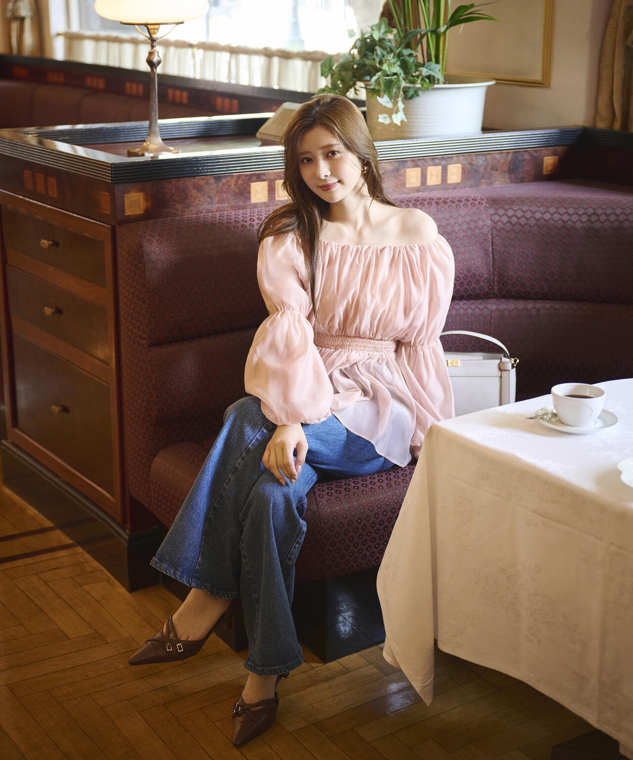 【松川星さん着用】<ウォッシャブル>バルーンスリーブオフショルブラウス【ピンク:WEB・一部店舗限定】