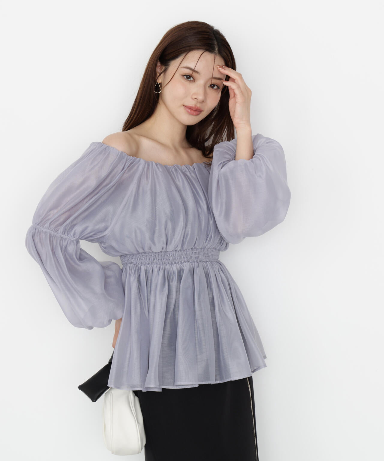 【松川星さん着用】<ウォッシャブル>バルーンスリーブオフショルブラウス【ピンク:WEB・一部店舗限定】