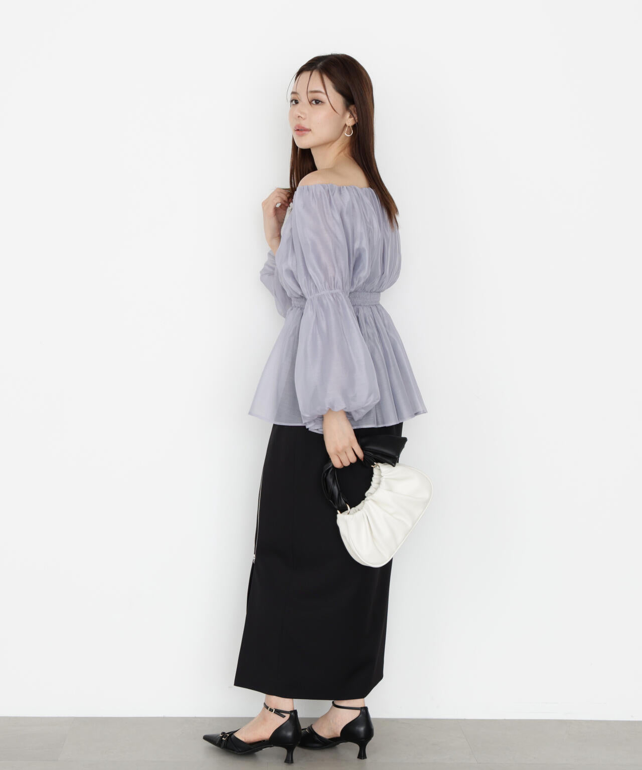 【松川星さん着用】<ウォッシャブル>バルーンスリーブオフショルブラウス【ピンク:WEB・一部店舗限定】