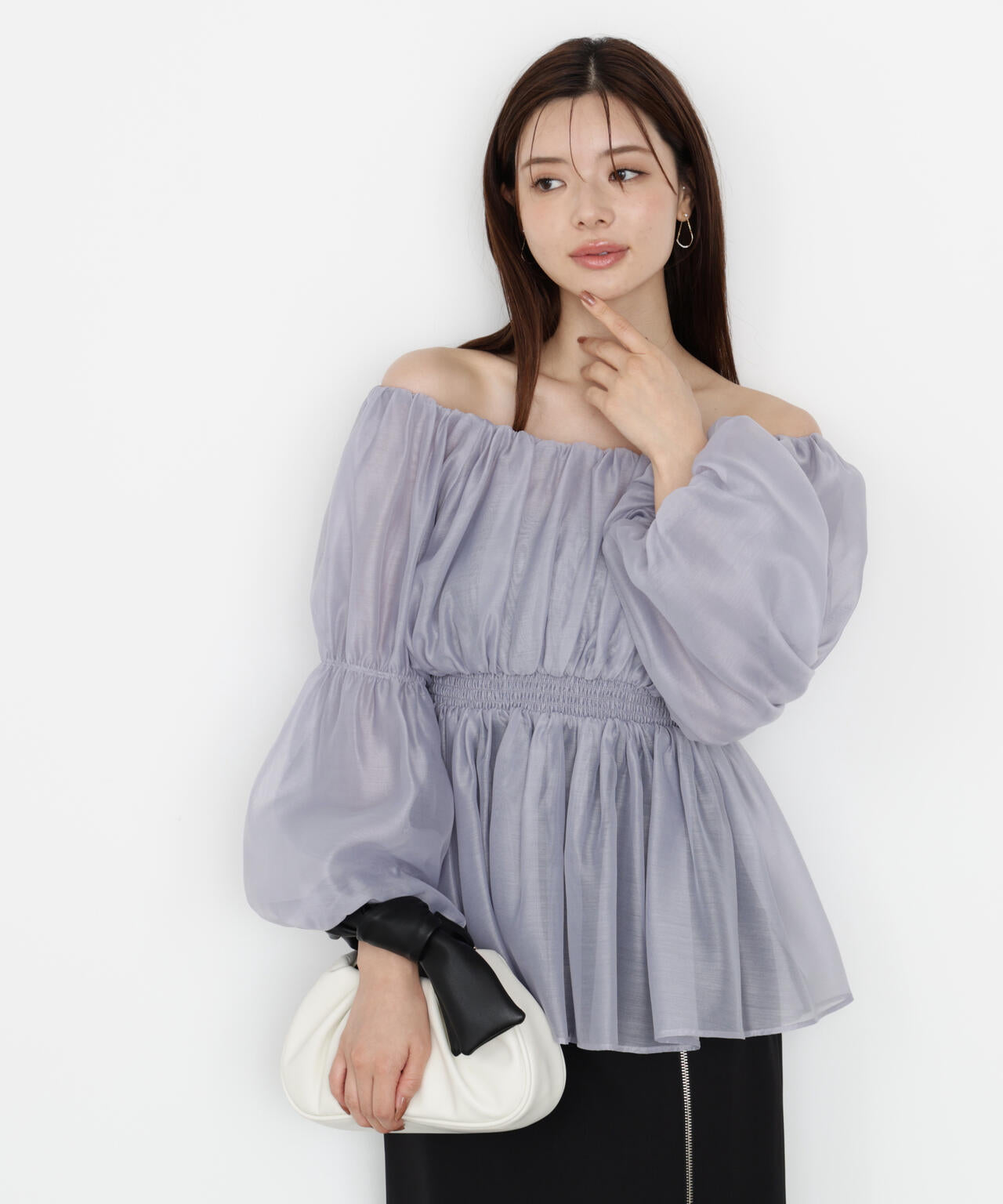【松川星さん着用】<ウォッシャブル>バルーンスリーブオフショルブラウス【ピンク:WEB・一部店舗限定】
