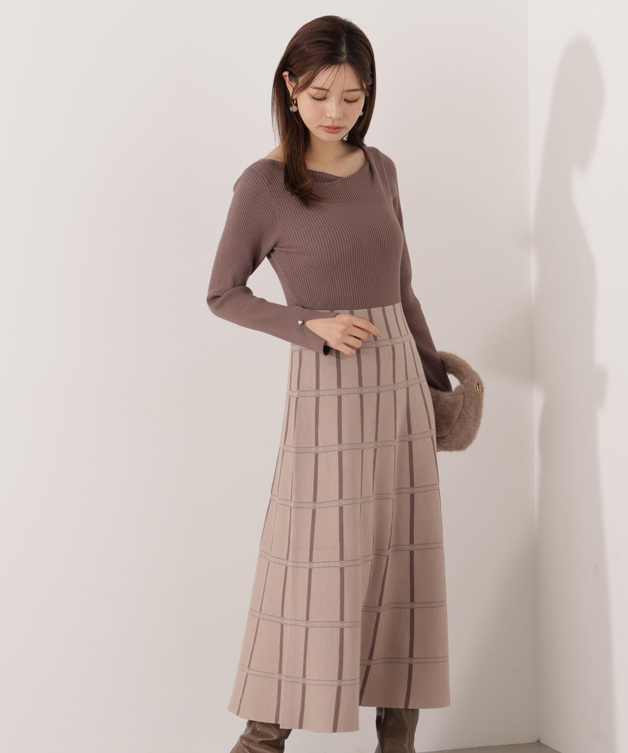 チェック柄ジャガードニットワンピース【ボルドー:official site限定】