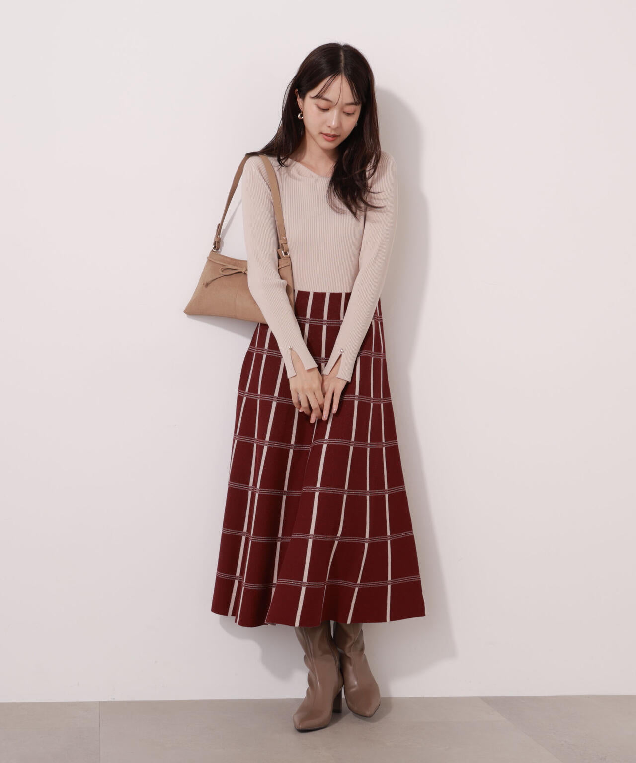 チェック柄ジャガードニットワンピース【ボルドー:official site限定】