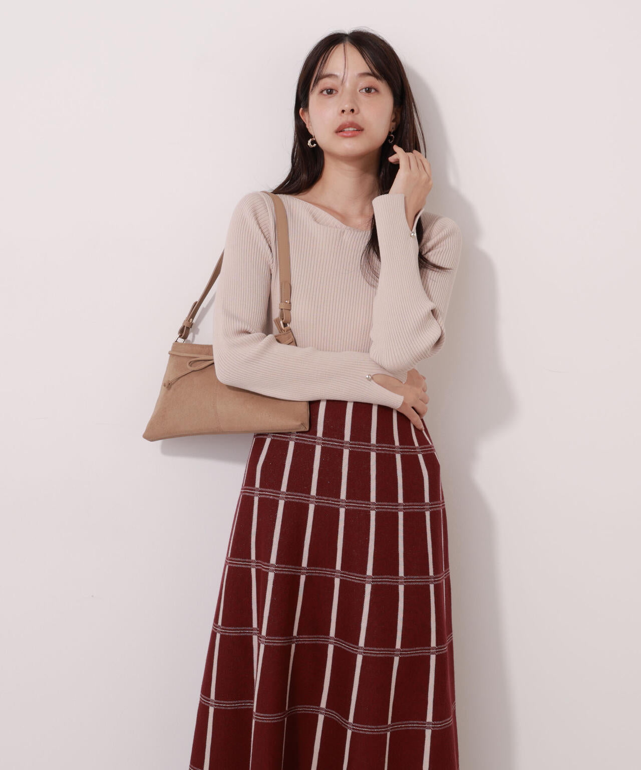 チェック柄ジャガードニットワンピース【ボルドー:official site限定】