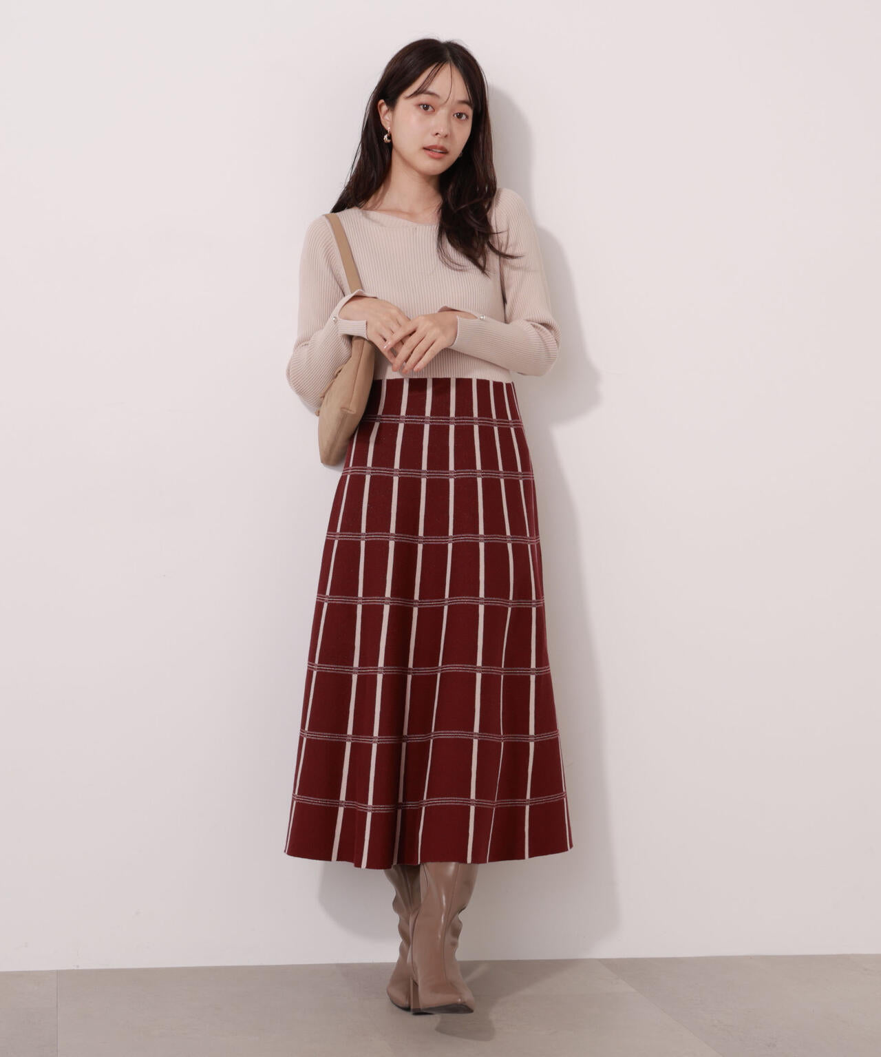 チェック柄ジャガードニットワンピース【ボルドー:official site限定】
