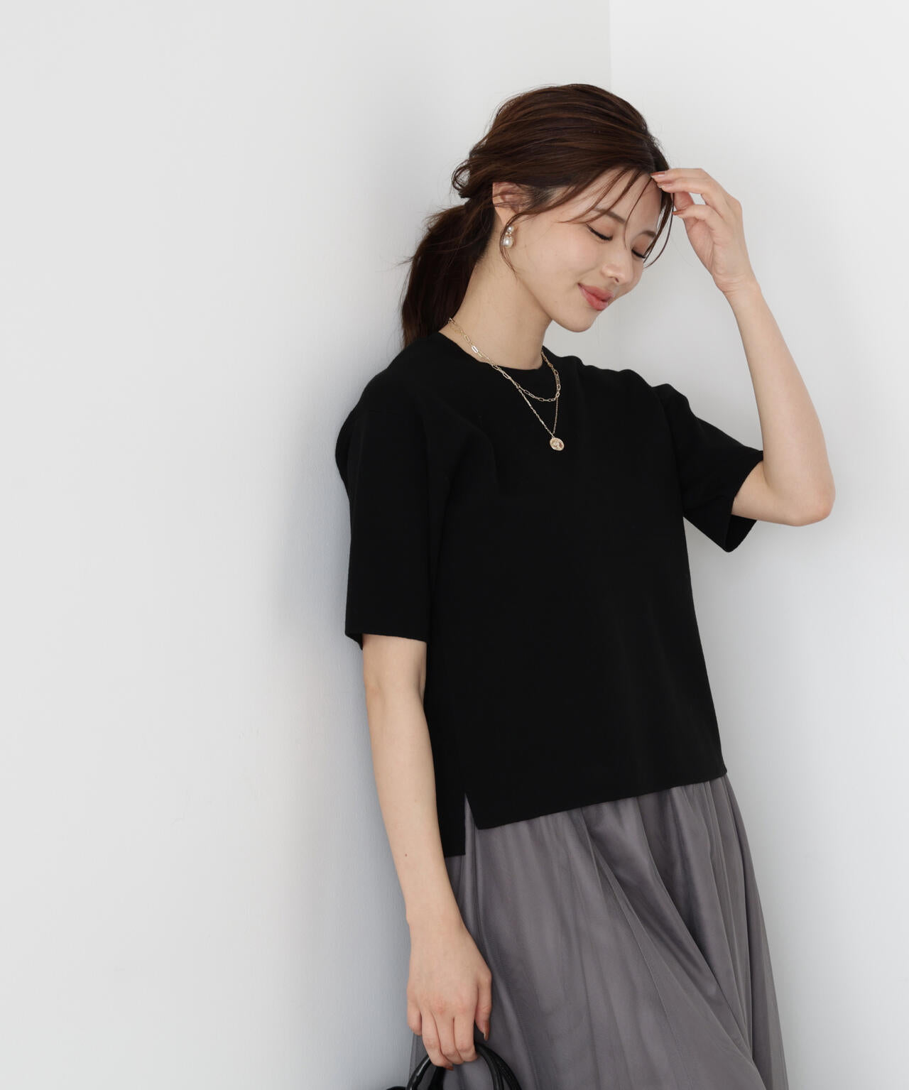 【松川星さん着用】<ハンドウォッシャブル>ハーフスリーブニットプルオーバー