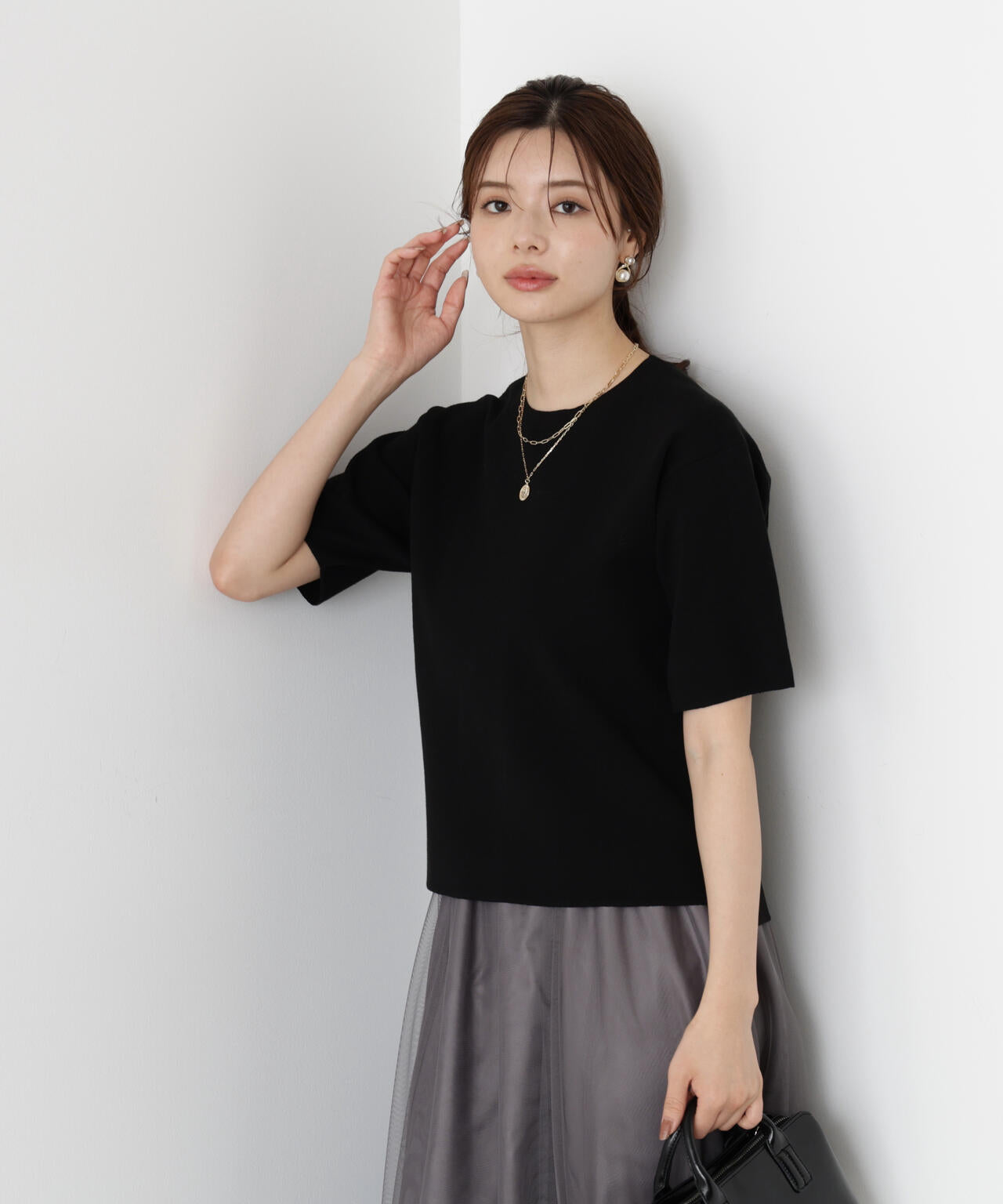 【松川星さん着用】<ハンドウォッシャブル>ハーフスリーブニットプルオーバー