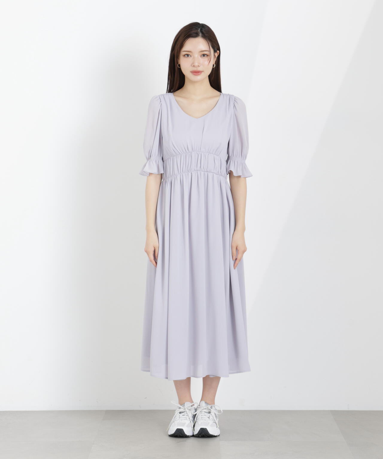シフォン楊柳ギャザーワンピース
