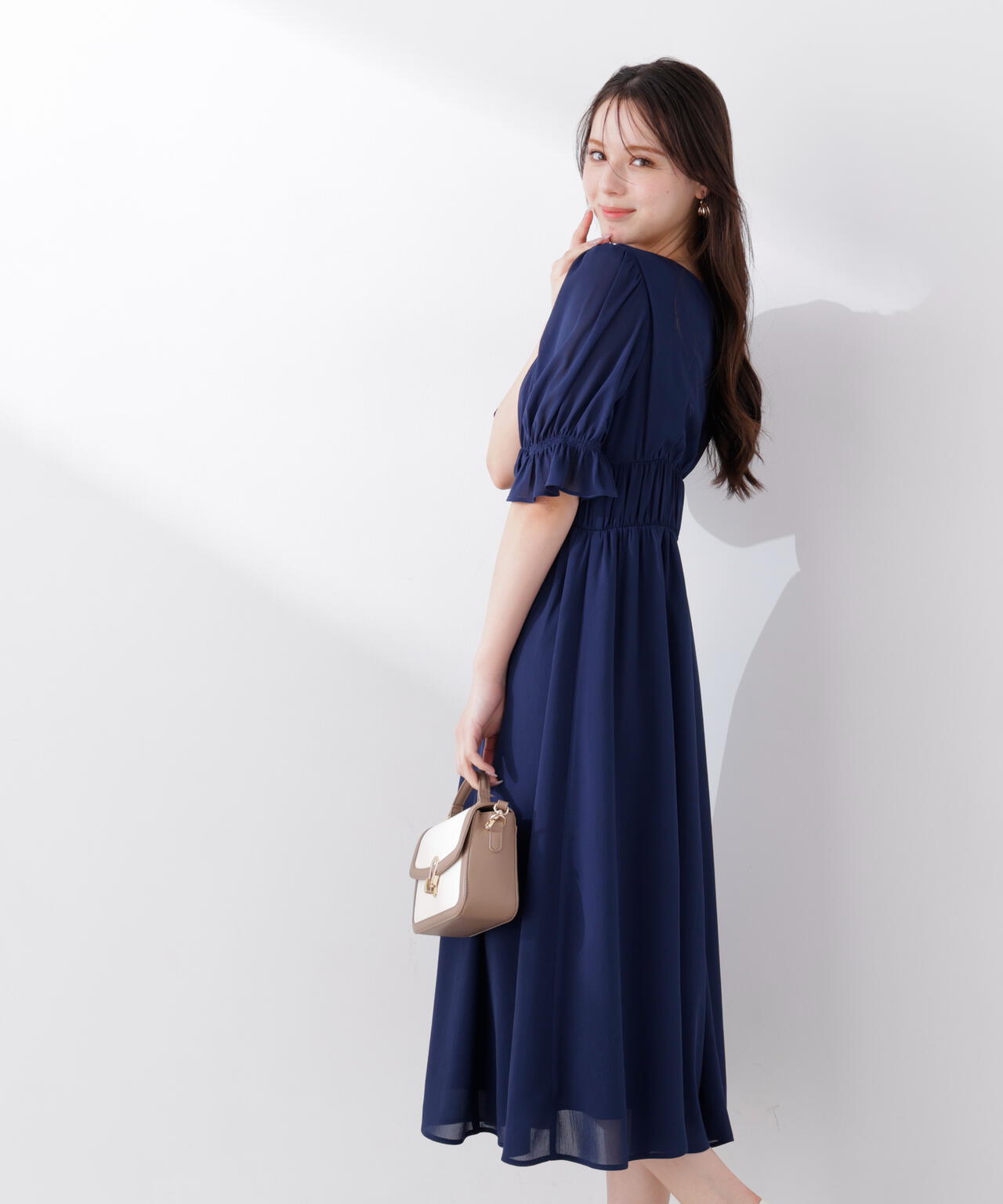 シフォン楊柳ギャザーワンピース
