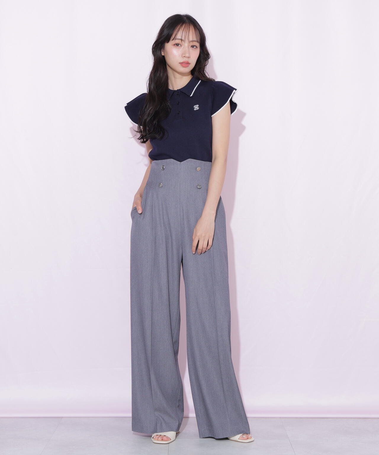 <WEB限定カラーあり>フリル袖ポロニット
