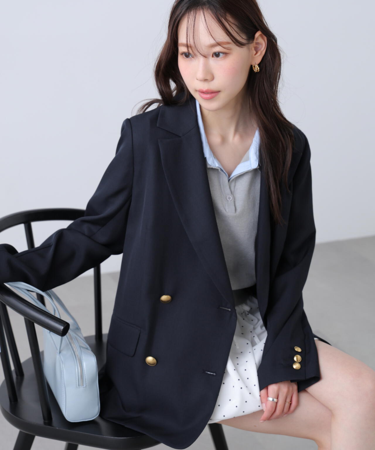 金ボタンダブルブレストジャケット【2サイズ展開】【背中部分:半裏仕様、袖部分:裏地なし】