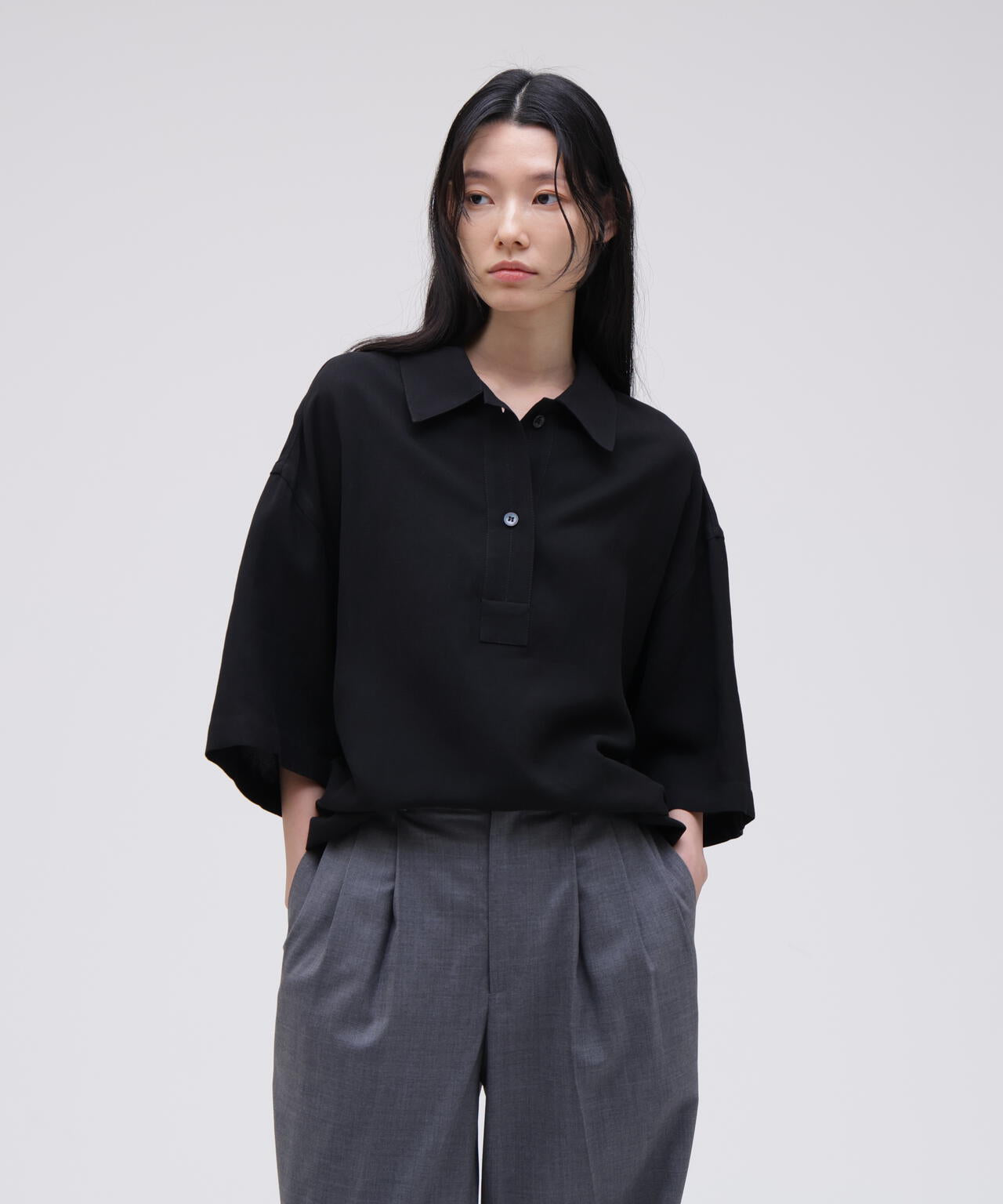 STUDIO NICHOLSON / VINTAGE SOFT LINEN HALF PLACKET SHORT SLEEVE SHIRT