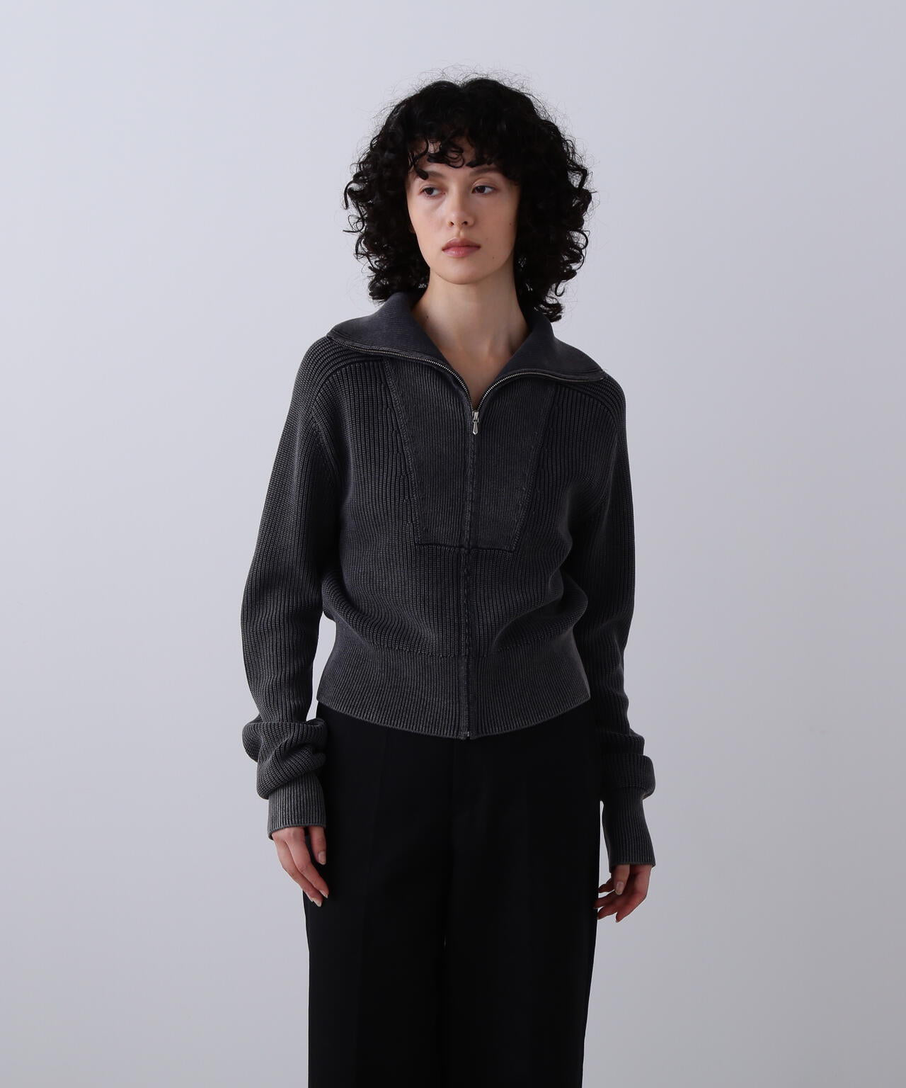 YLEVE / FADED STONEWASH KNIT ZIP PULLOVER