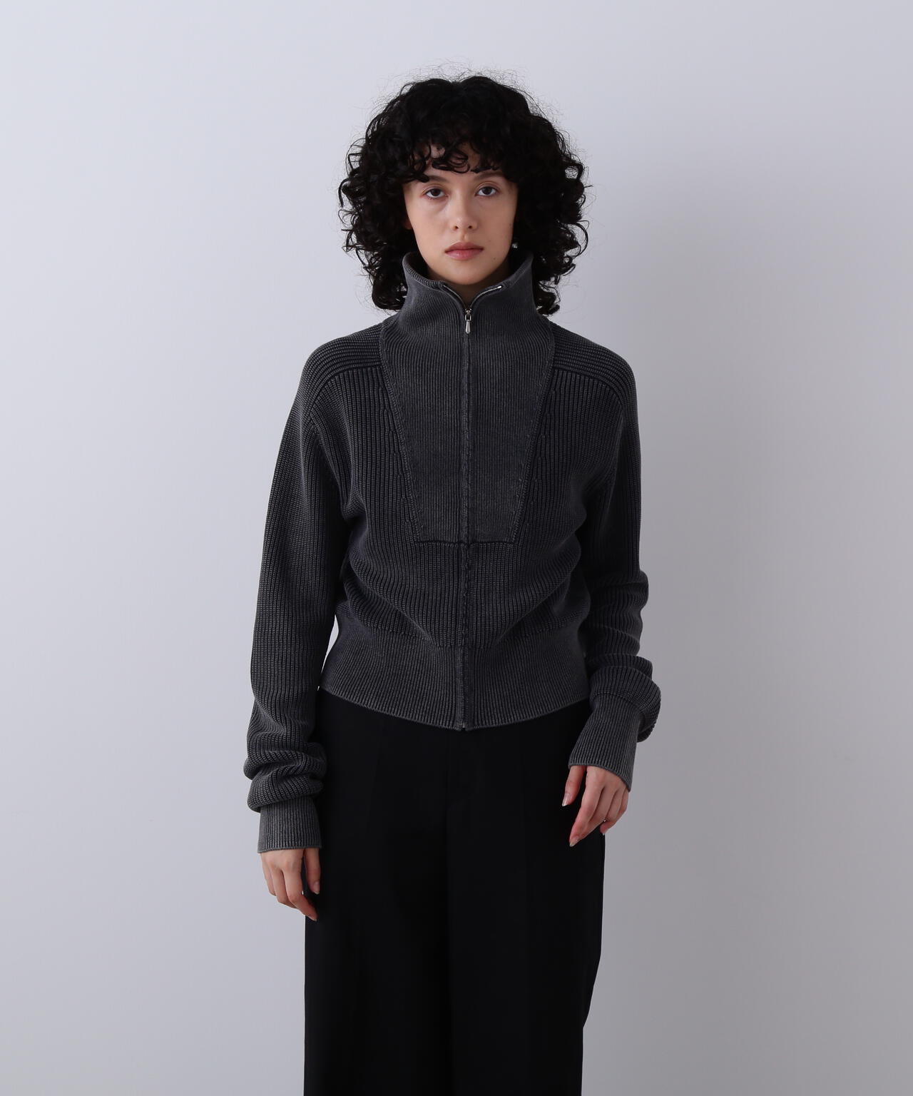 YLEVE / FADED STONEWASH KNIT ZIP PULLOVER