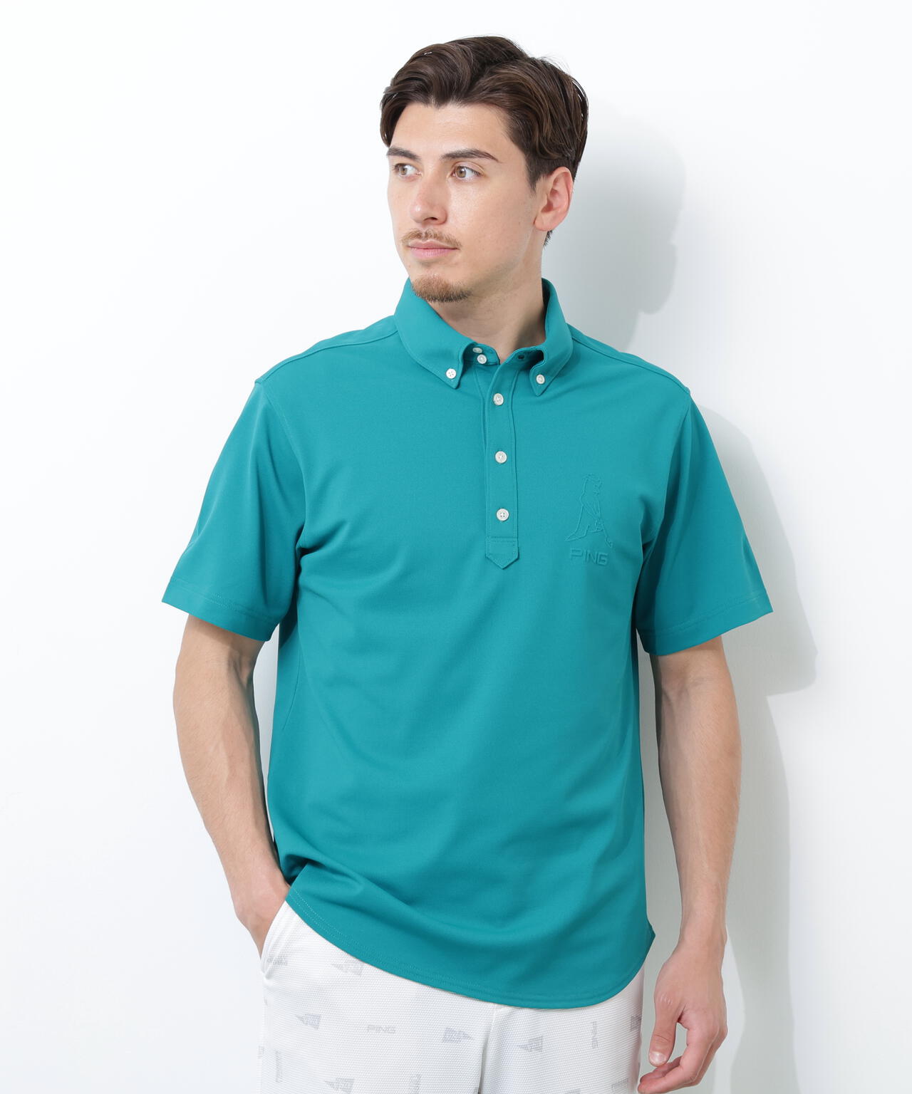 【PING APPAREL】Mr.PINGエンボスカノコ レイブロック半袖ボタンダウンシャツ <NAITVE> (MENS)