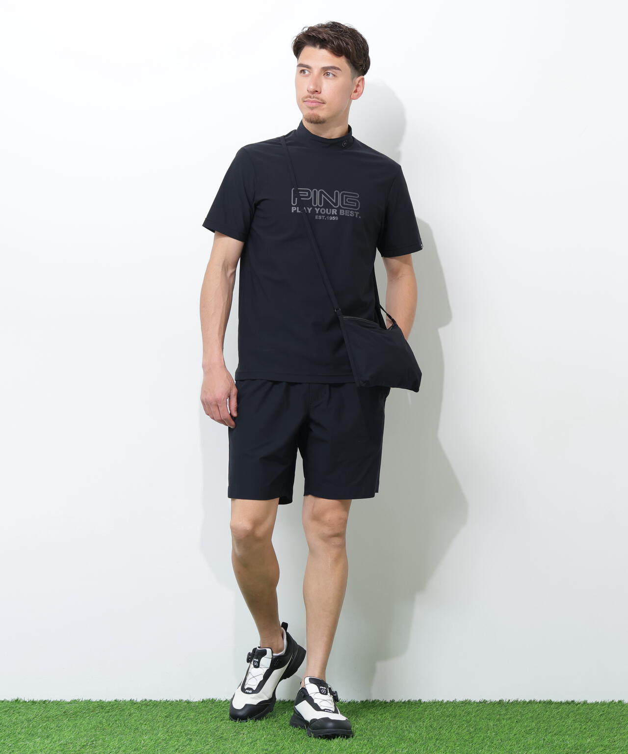 【PING APPAREL】全方向ストレッチドットメッシュ半袖ハイネックシャツ×ショートパンツ <PERFORMANCE> (MENS)