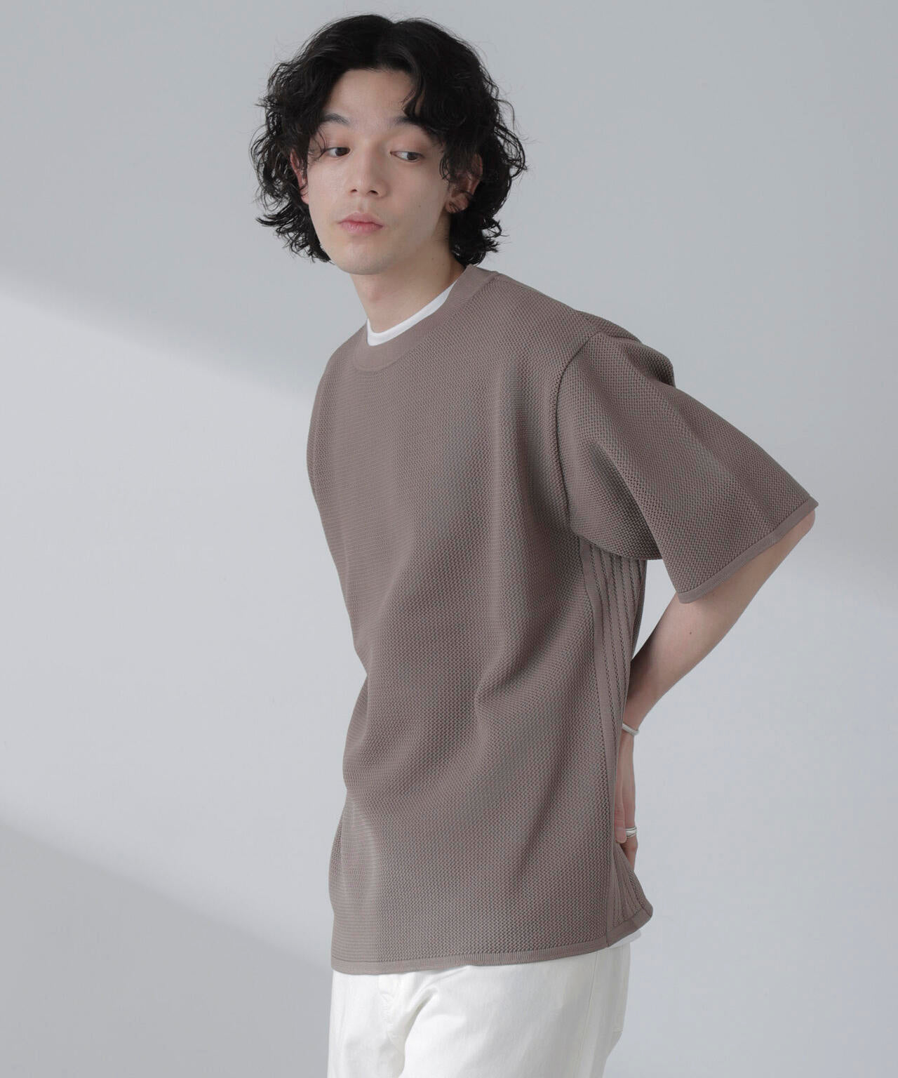 ポリメッシュリラックスクルーネックニットTシャツ