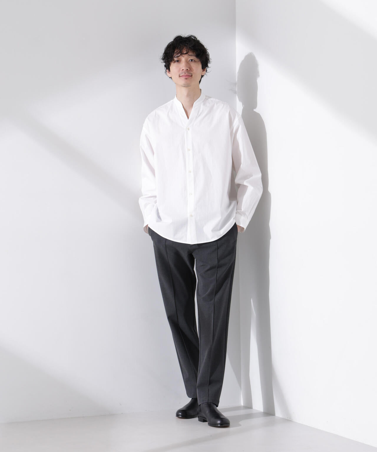 「大人のワイドシャツ」バンドカラー 長袖