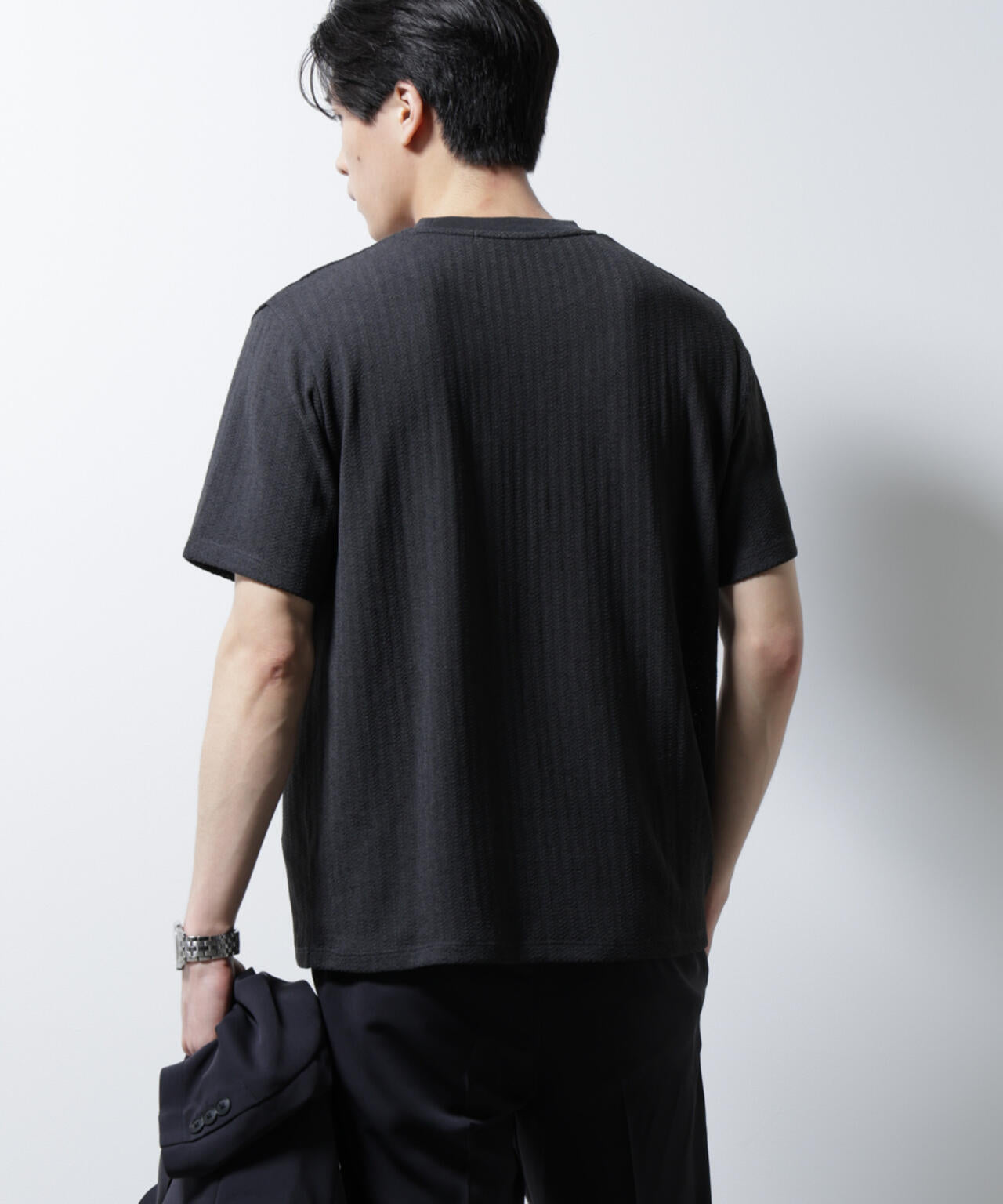 「Damerino」ヘリンボンクルーネックTシャツ/防シワ・吸水速乾・UVカット