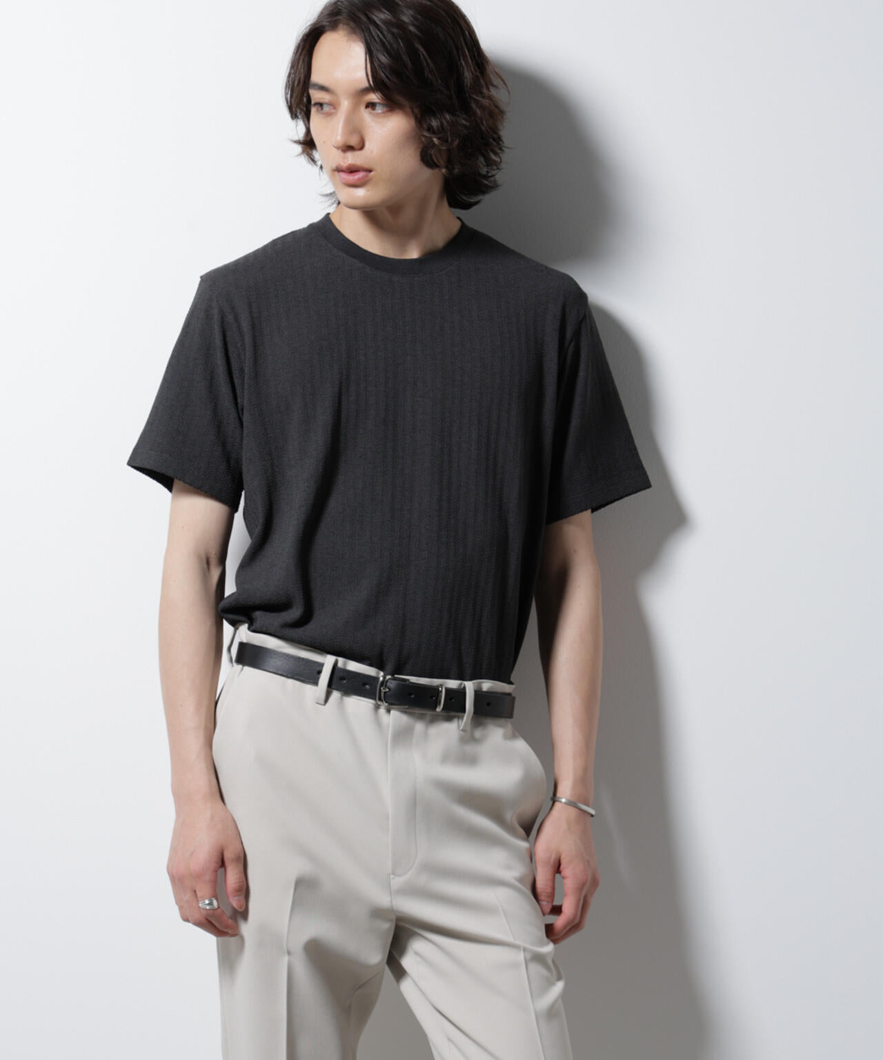 「Damerino」ヘリンボンクルーネックTシャツ/防シワ・吸水速乾・UVカット