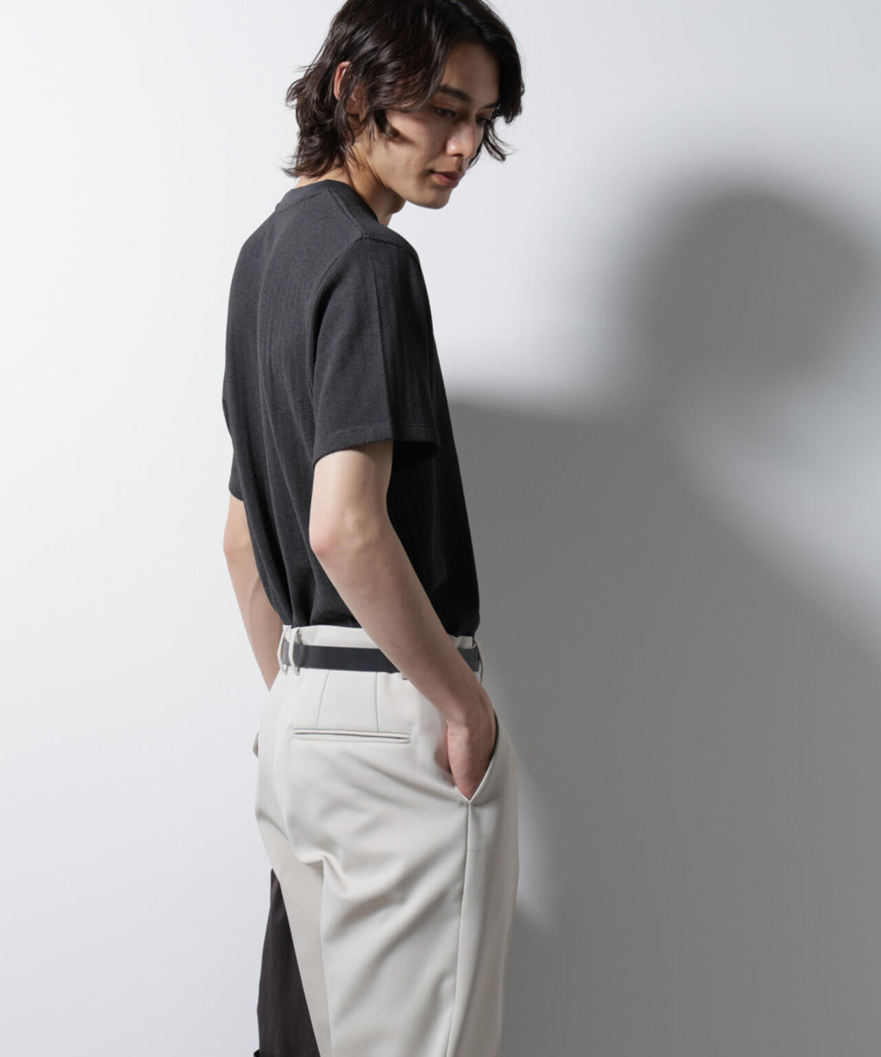 「Damerino」ヘリンボンクルーネックTシャツ/防シワ・吸水速乾・UVカット