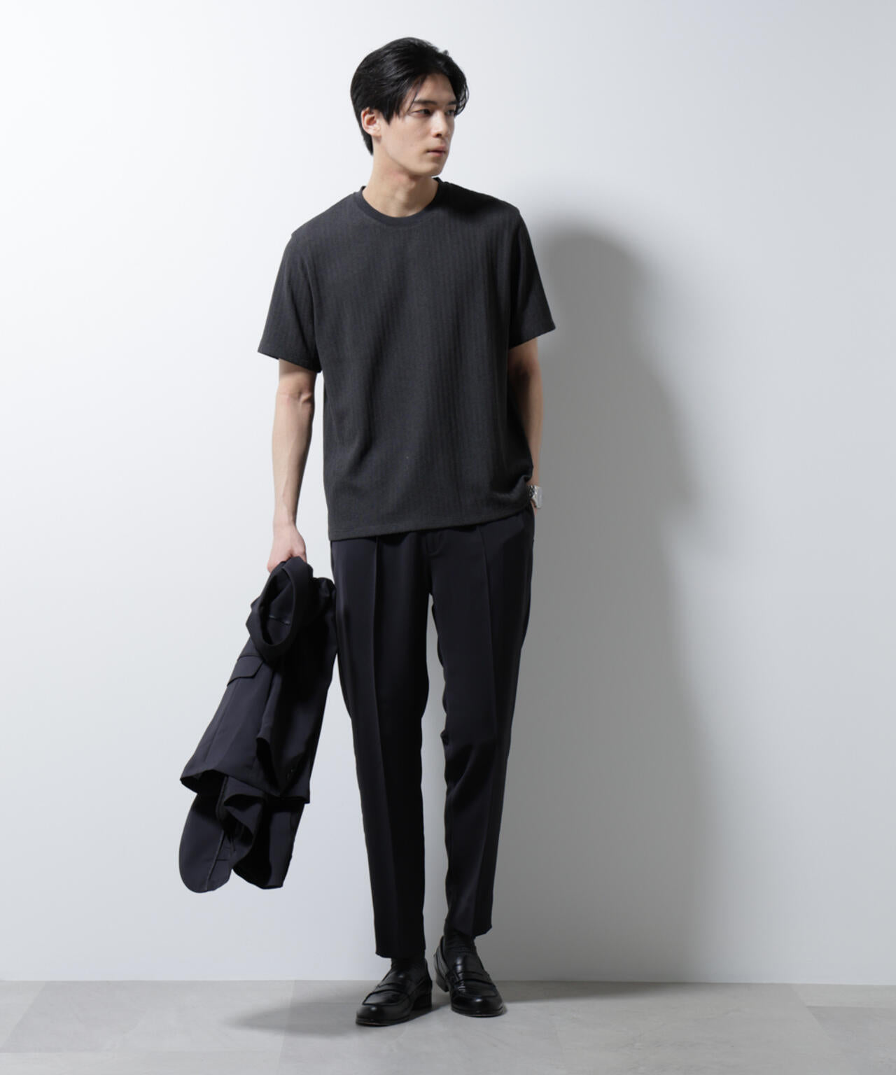 「Damerino」ヘリンボンクルーネックTシャツ/防シワ・吸水速乾・UVカット
