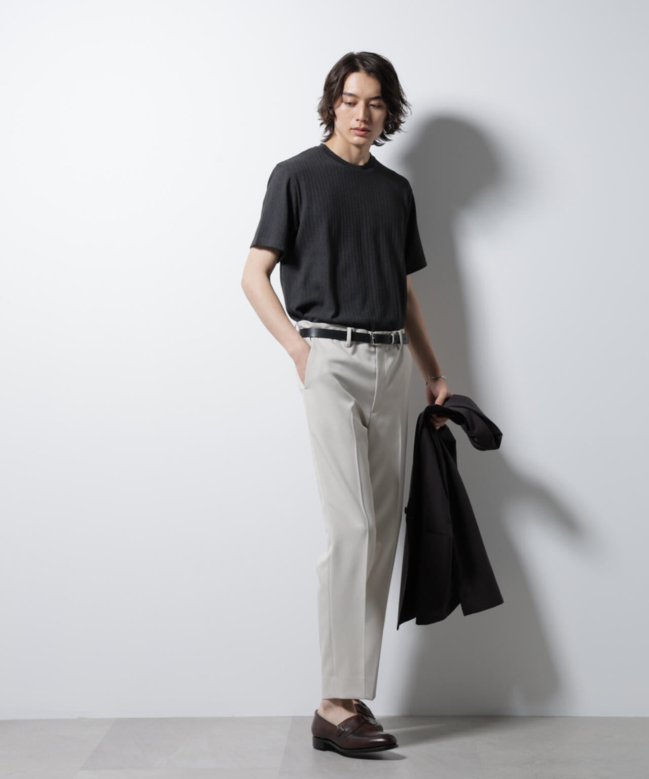 「Damerino」ヘリンボンクルーネックTシャツ/防シワ・吸水速乾・UVカット