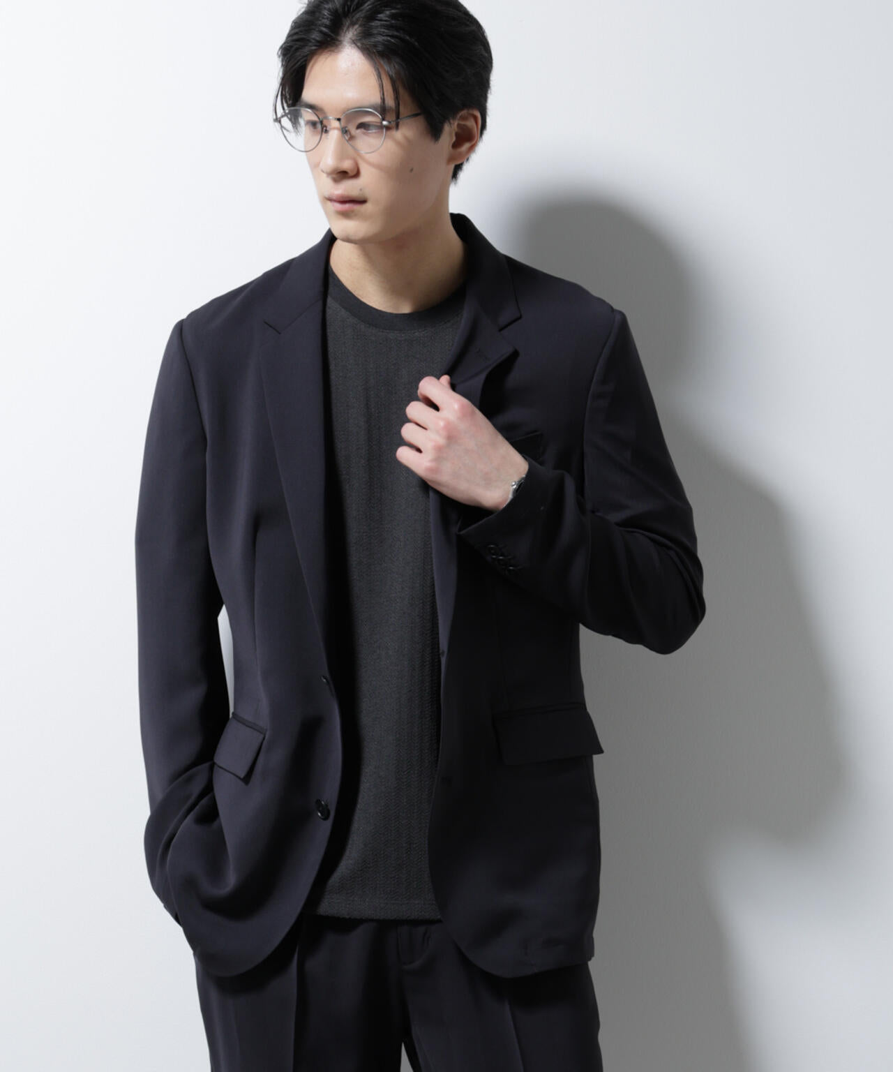 「Damerino」ヘリンボンクルーネックTシャツ/防シワ・吸水速乾・UVカット
