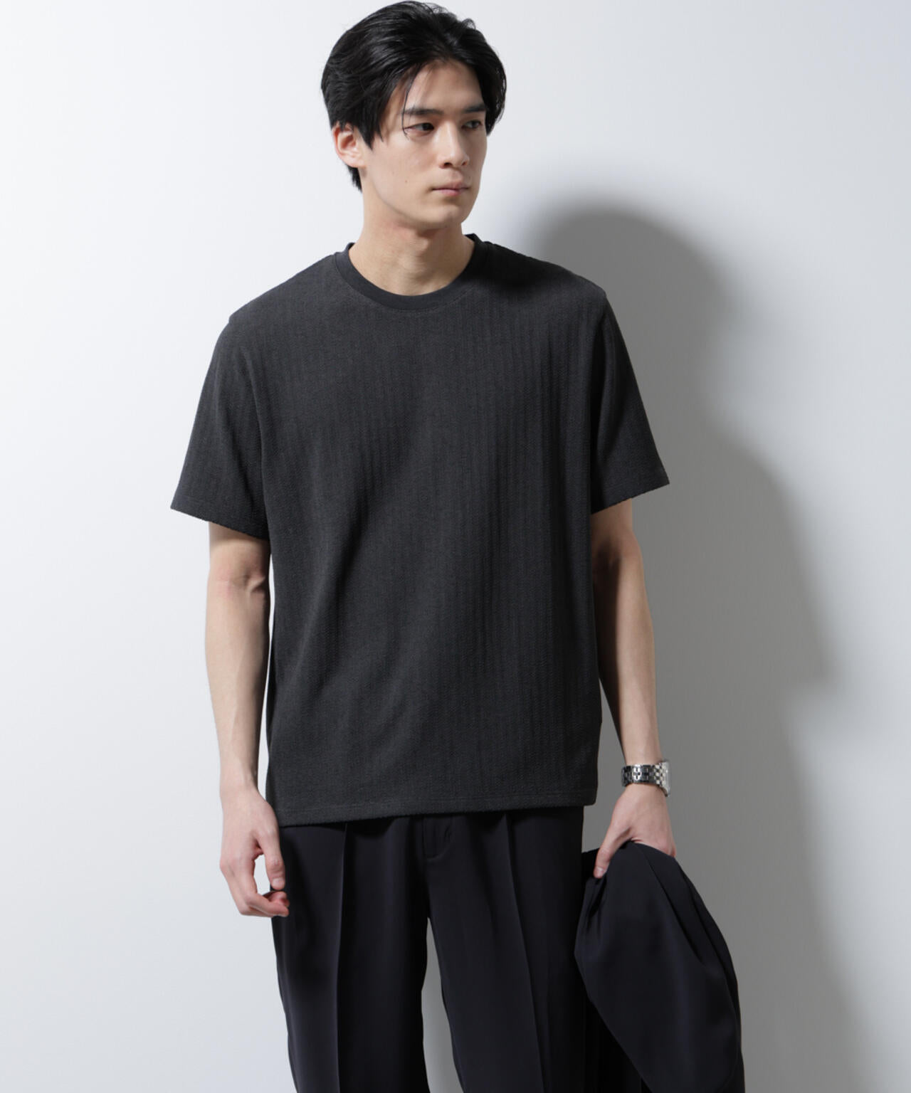 「Damerino」ヘリンボンクルーネックTシャツ/防シワ・吸水速乾・UVカット