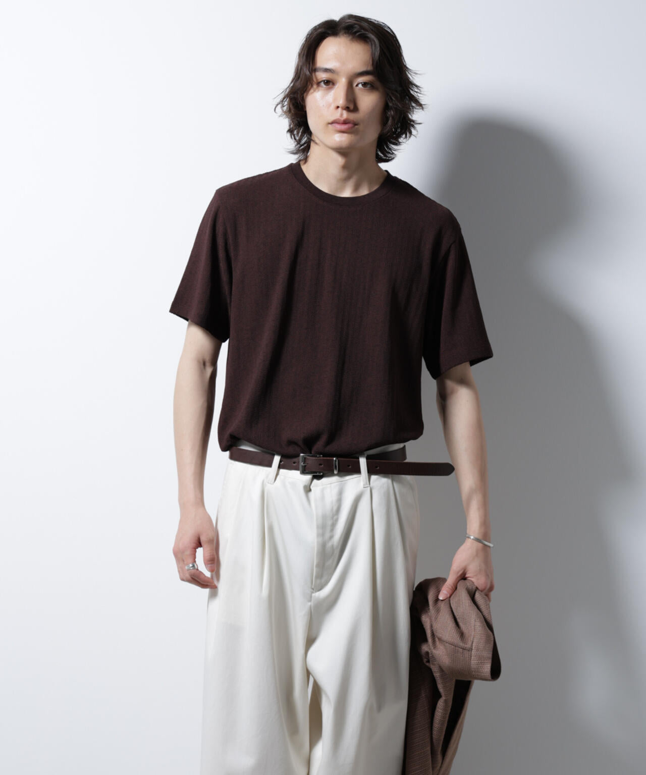 「Damerino」ヘリンボンクルーネックTシャツ/防シワ・吸水速乾・UVカット