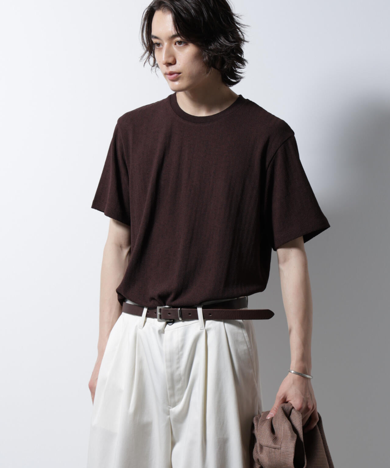 「Damerino」ヘリンボンクルーネックTシャツ/防シワ・吸水速乾・UVカット