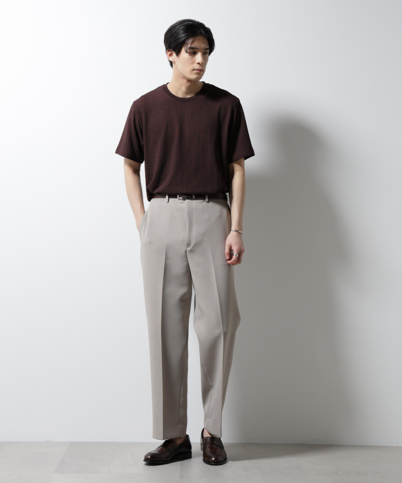 「Damerino」ヘリンボンクルーネックTシャツ/防シワ・吸水速乾・UVカット