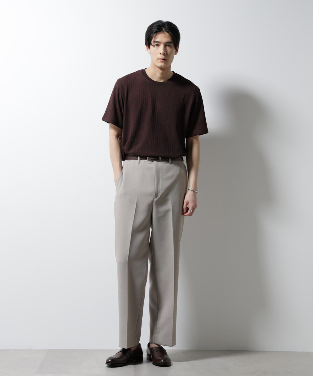 「Damerino」ヘリンボンクルーネックTシャツ/防シワ・吸水速乾・UVカット