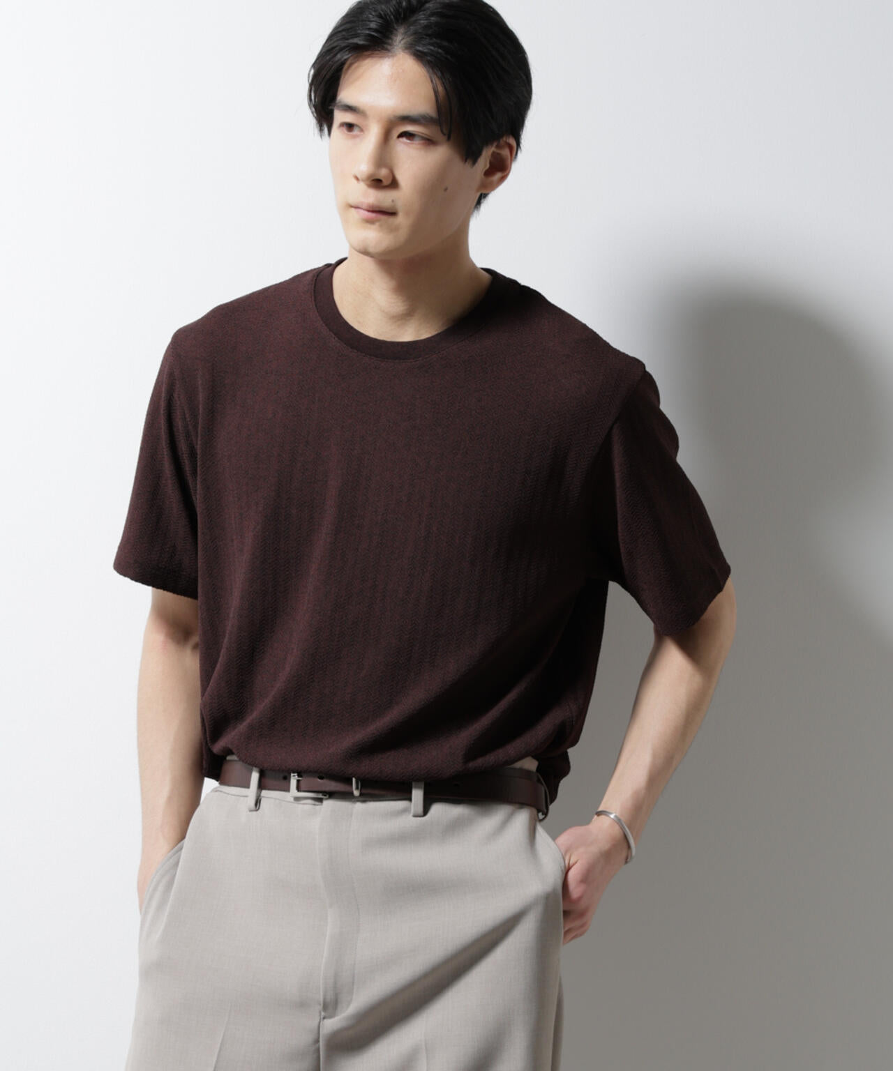 「Damerino」ヘリンボンクルーネックTシャツ/防シワ・吸水速乾・UVカット