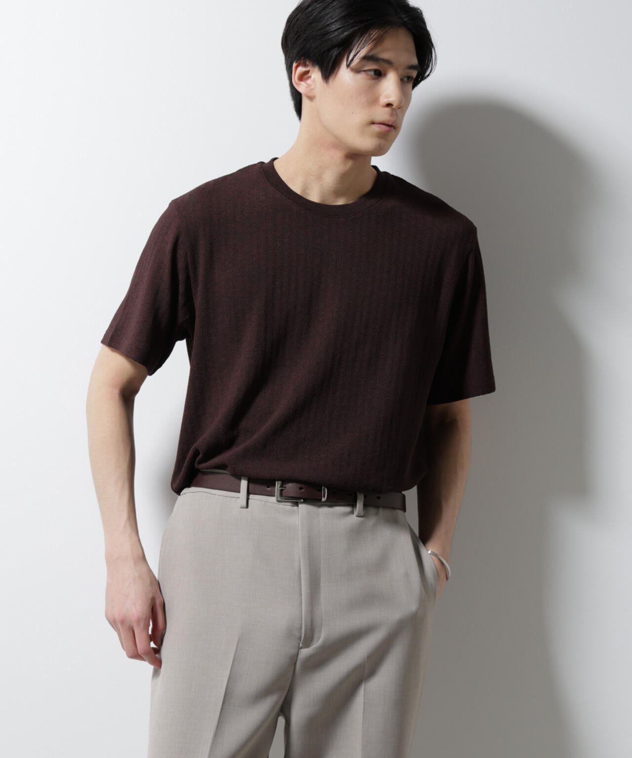 「Damerino」ヘリンボンクルーネックTシャツ/防シワ・吸水速乾・UVカット